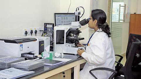 Laboratory professional working at a microscope